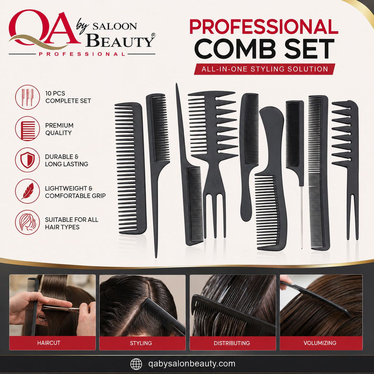 Professional 10-piece black hair comb set for cutting styling sectioning and salon use
