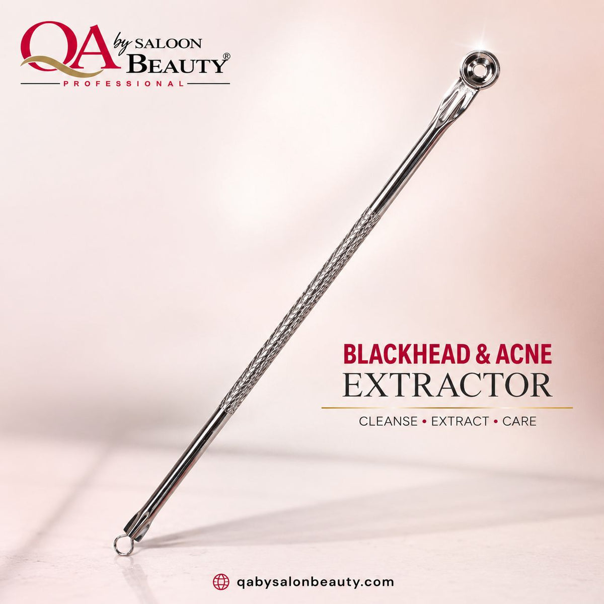 Professional dual-ended stainless steel blackhead and acne extractor tool with textured grip
