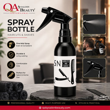 Black trigger spray bottle for haircuts and shaves with a white label, shown on a styled salon counter with feature icons, close-up spray demo, and usage inset images. Brand text 'QA by Salon Beauty Professional' is visible.