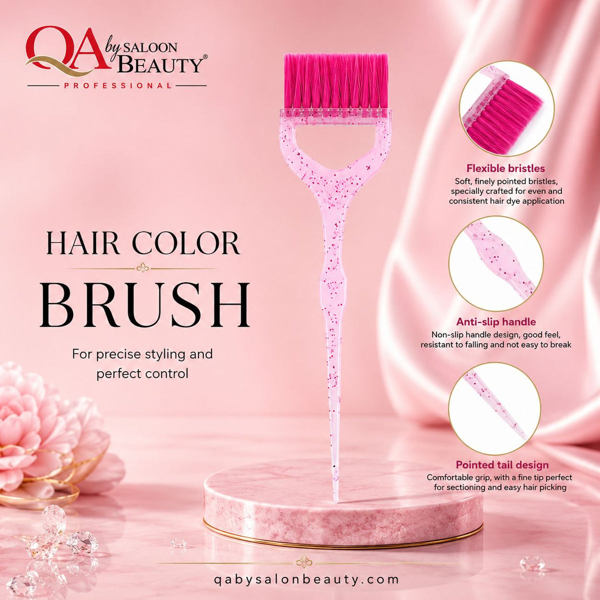 Pink professional hair color brush with flexible bristles and pointed tail handle for precise dye application and sectioning