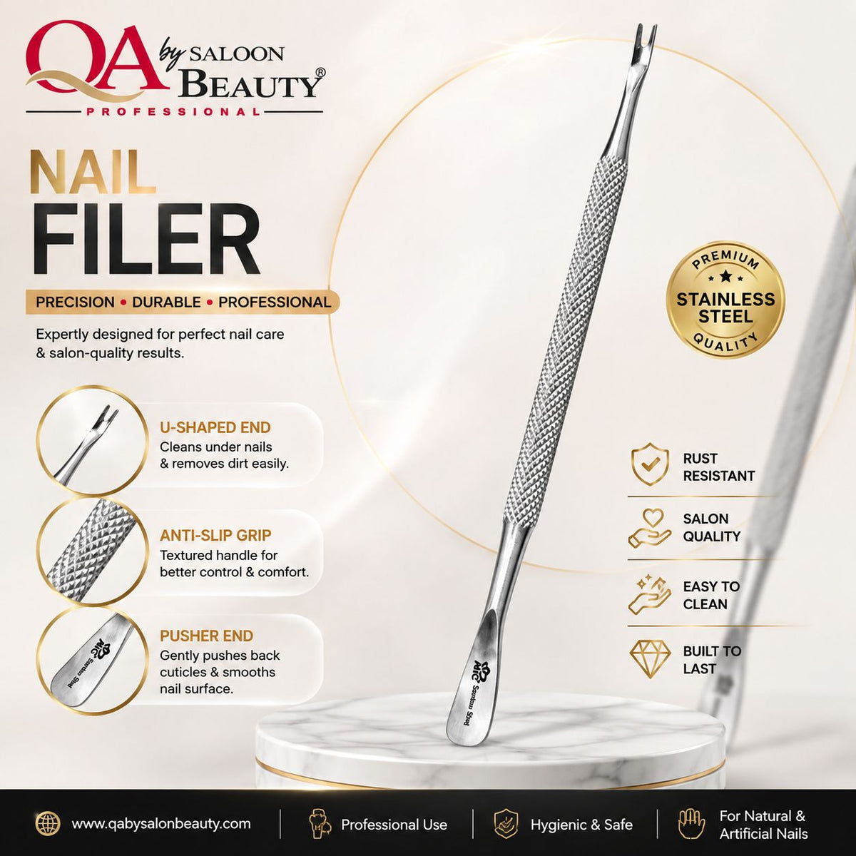 A stainless steel nail filer tool with a textured grip and U-shaped tip, shown on a cream-colored promotional background with product features, brand text, and quality badges.