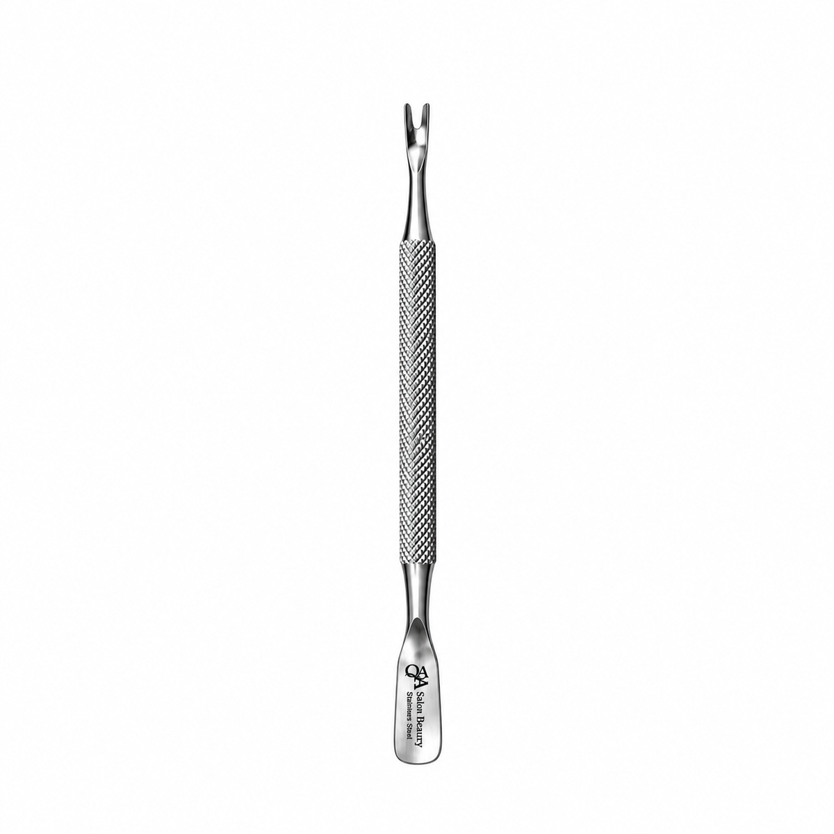 Professional stainless steel dual-ended cuticle pusher and U-shaped nail cleaner with textured grip