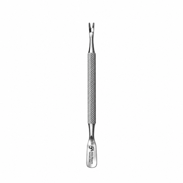 Professional stainless steel dual-ended cuticle pusher and U-shaped nail cleaner with textured grip