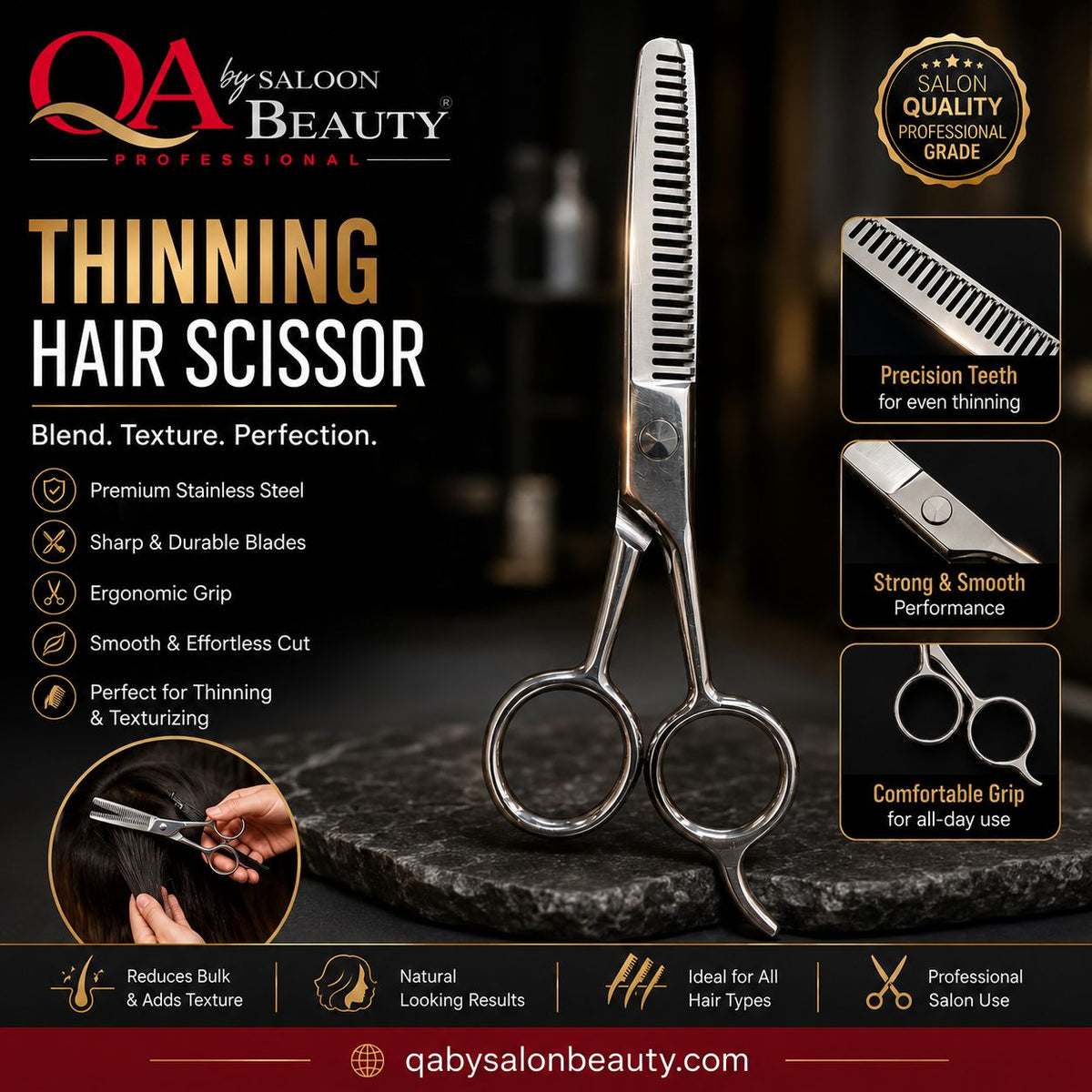 Thinning hair scissors with a comb-like blade, shown on a dark stone surface with promotional text and feature callouts for QA by Saloon Beauty.