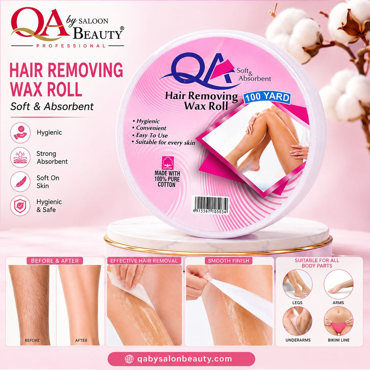 QA 100 Yard hair removing wax roll made with soft absorbent cotton for strip waxing