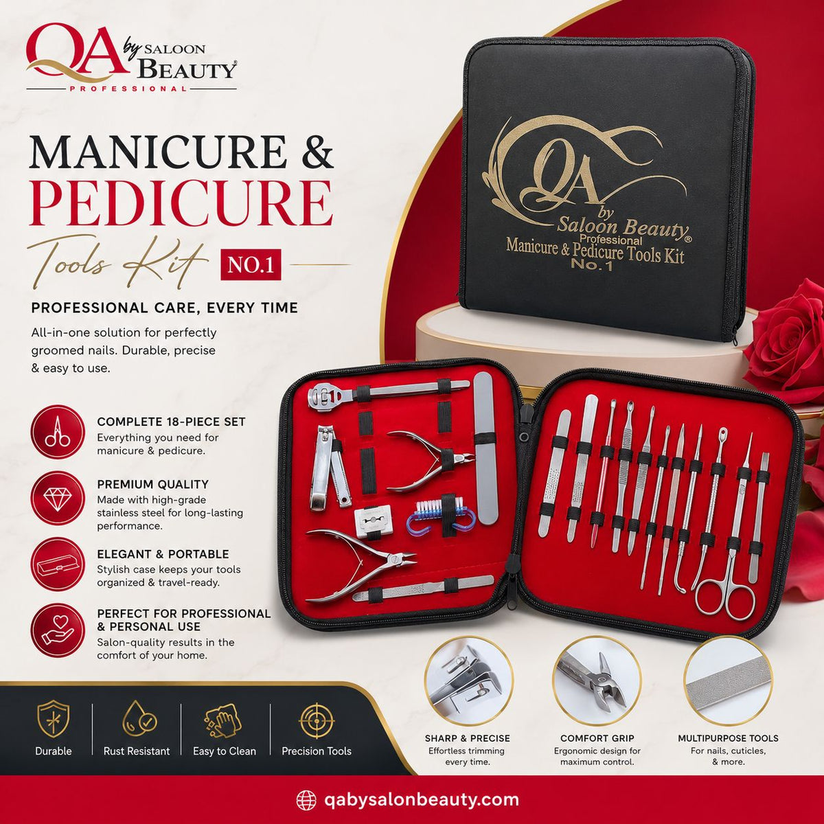 QA Professional Manicure & Pedicure Tools Kit No. 1 – 18 Piece Nail Care Set