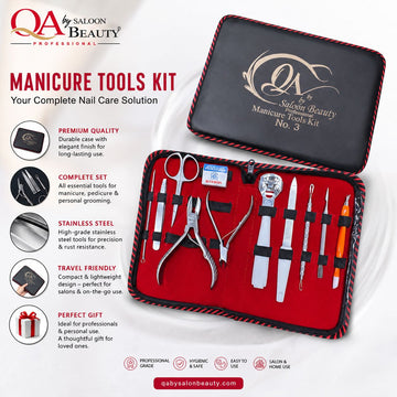 QA Professional Manicure Tools Kit No. 3 with nail and cuticle grooming tools in black red storage case