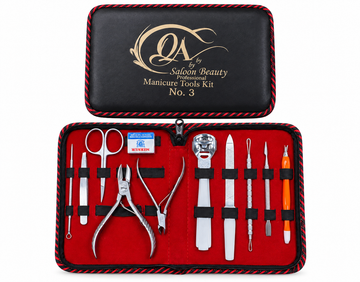 QA Professional Manicure Tools Kit No. 3 with nail and cuticle grooming tools in black red storage case