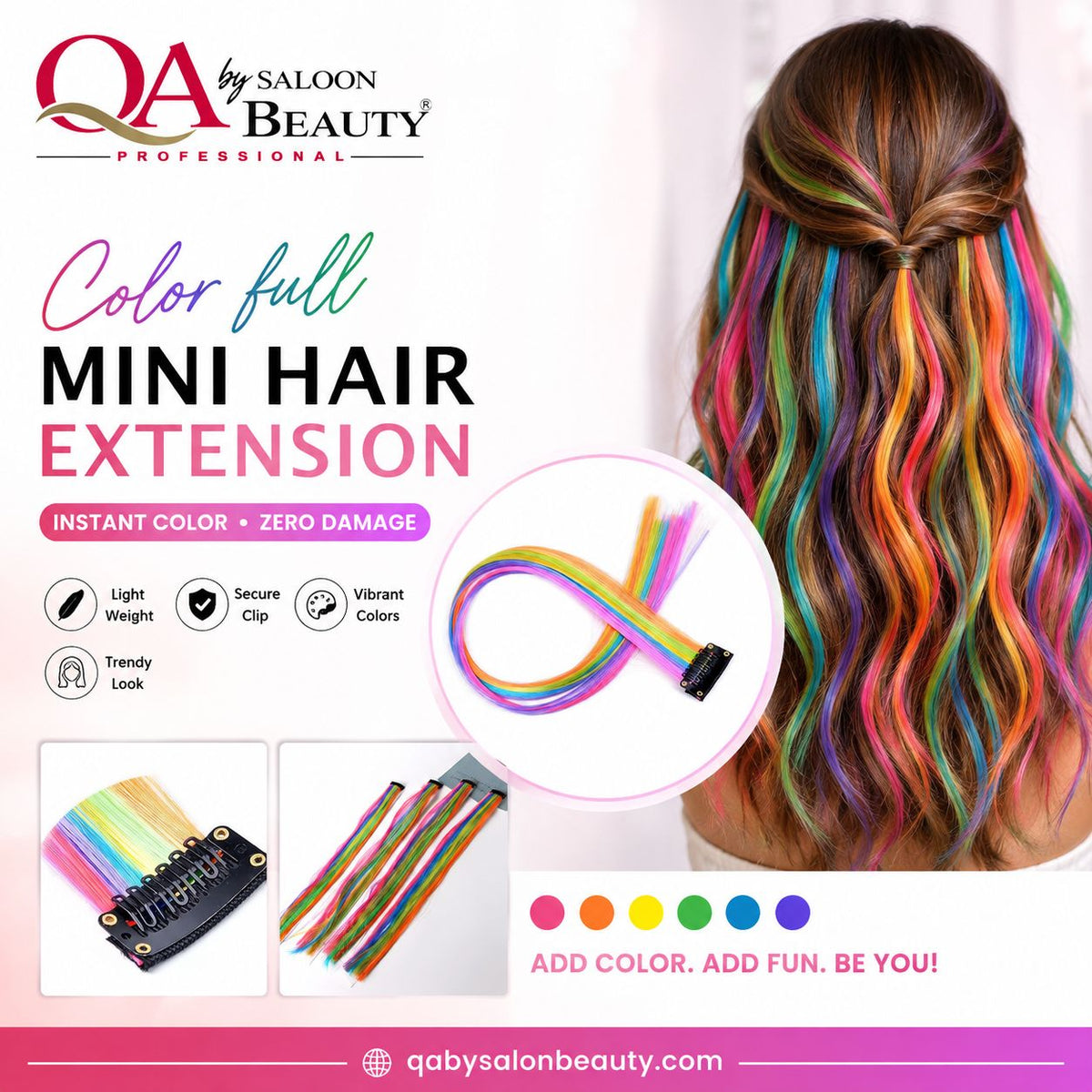 QA by Saloon Beauty Colorful Mini Hair Extension – Rainbow Multi-Color Clip-In