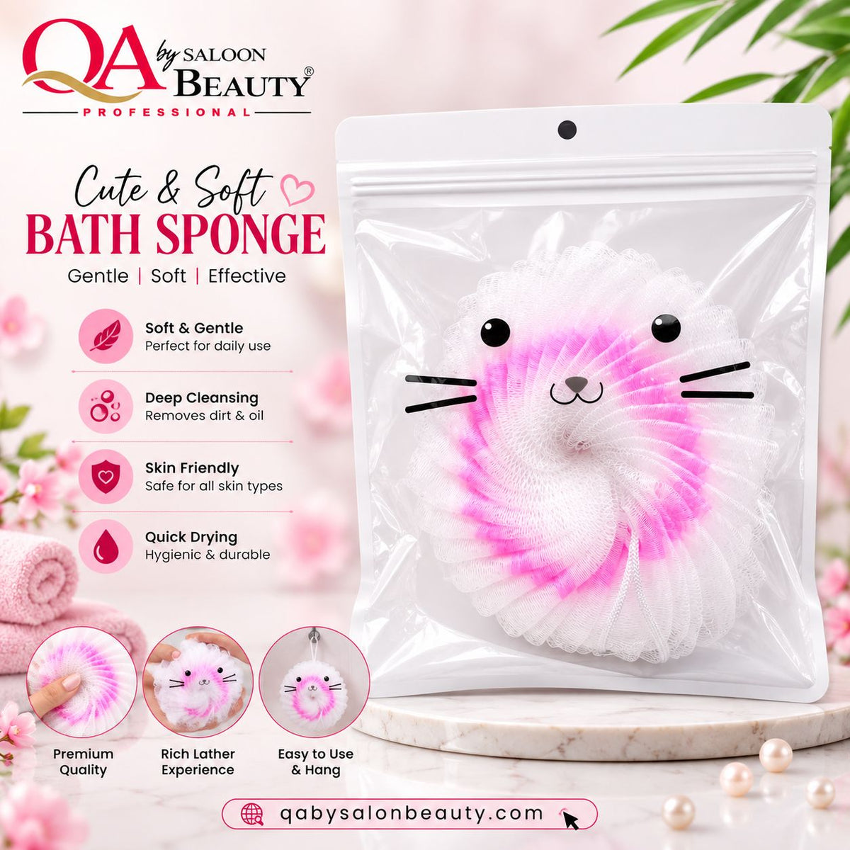 QA by Saloon Beauty Cute & Soft Bath Sponge – Gentle Body Scrub & Cleansing Sponge