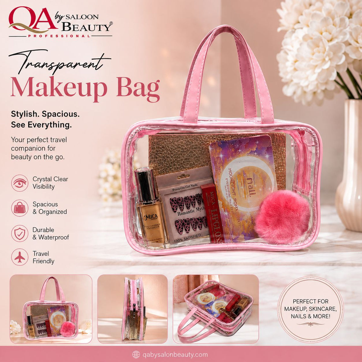 QA by Saloon Beauty Transparent Makeup Bag – Clear Travel Cosmetic Organizer