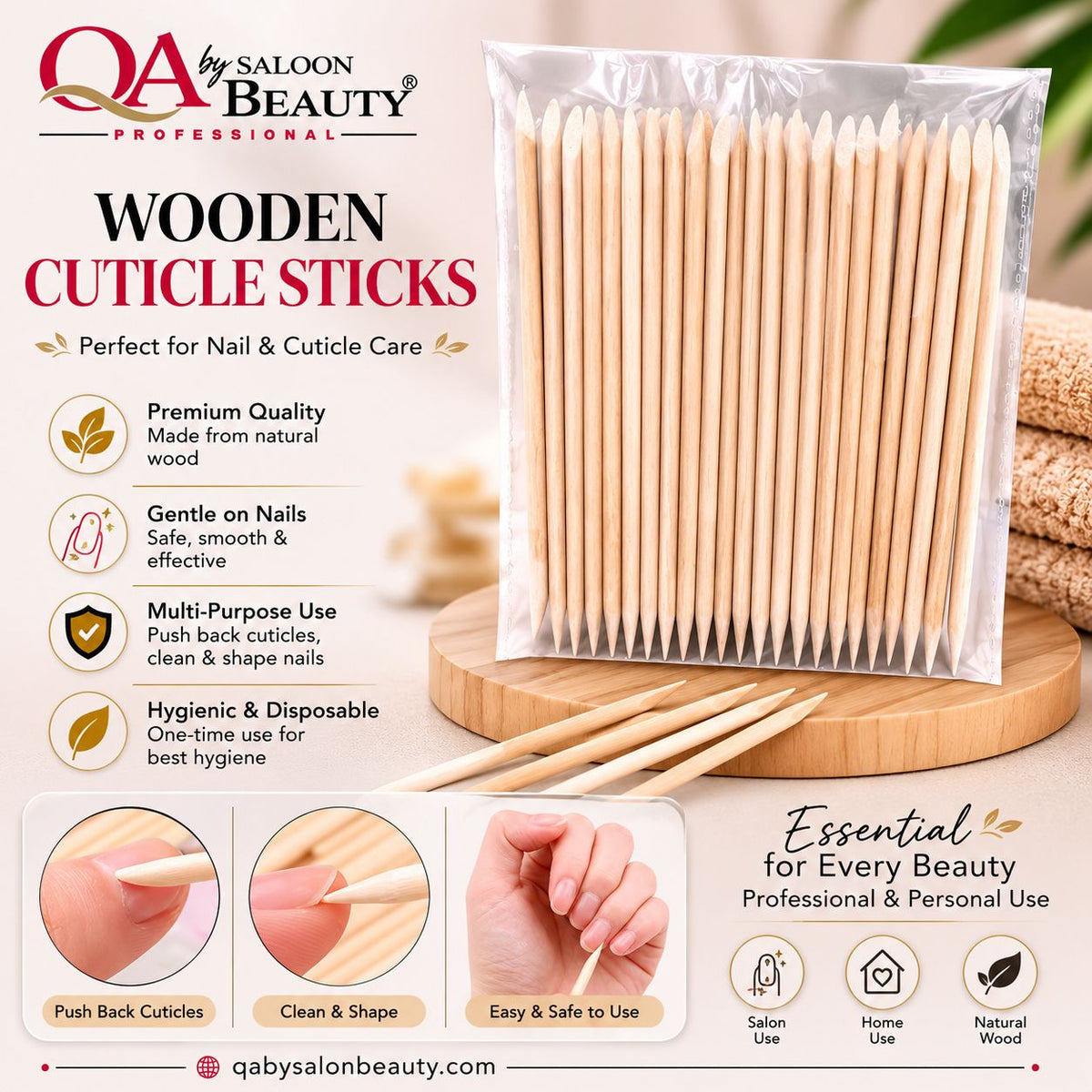 QA by Saloon Beauty Wooden Cuticle Sticks – Natural Wood Nail & Cuticle Care Sticks