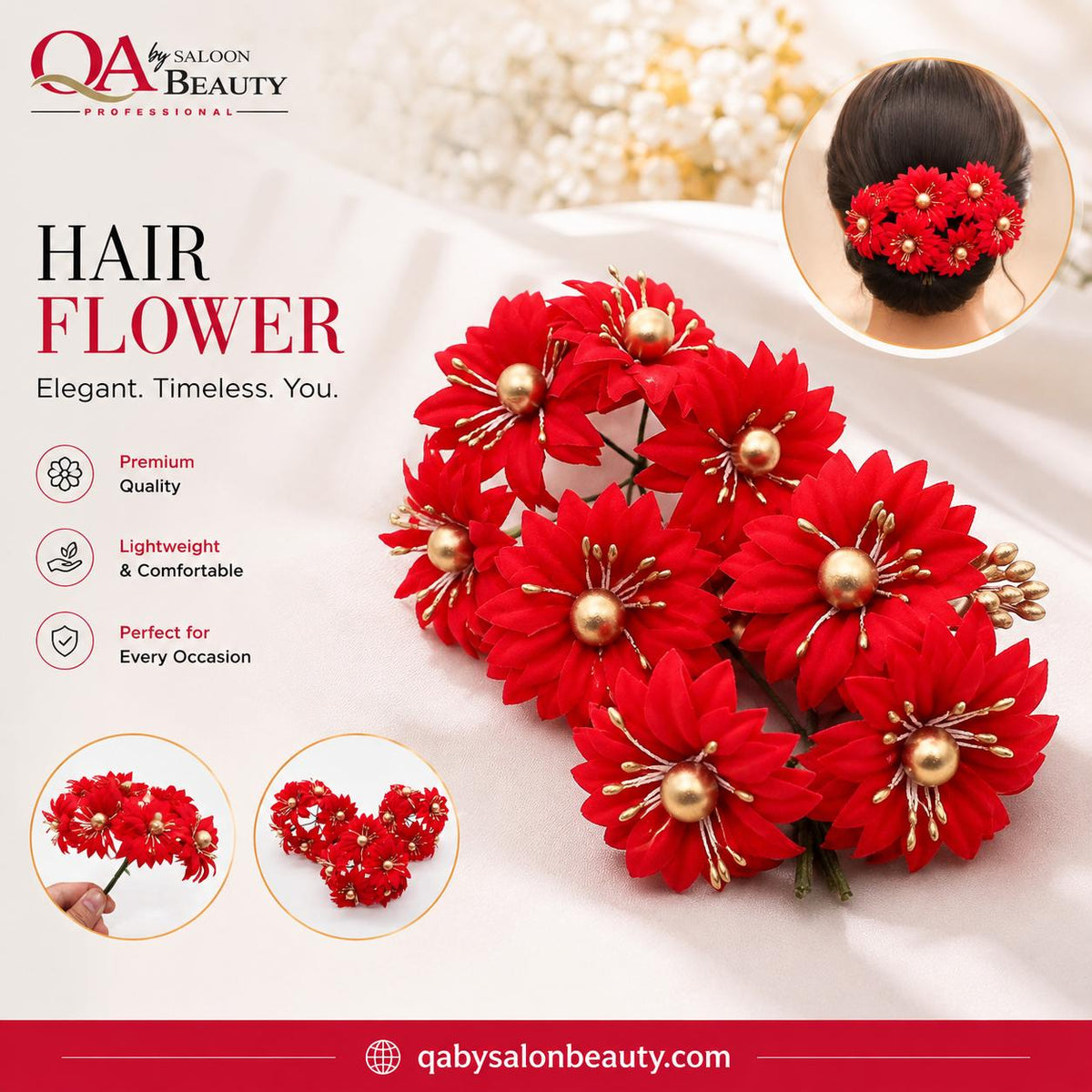 Red Hair Flower – Golden Center Bridal & Party Hair Accessory