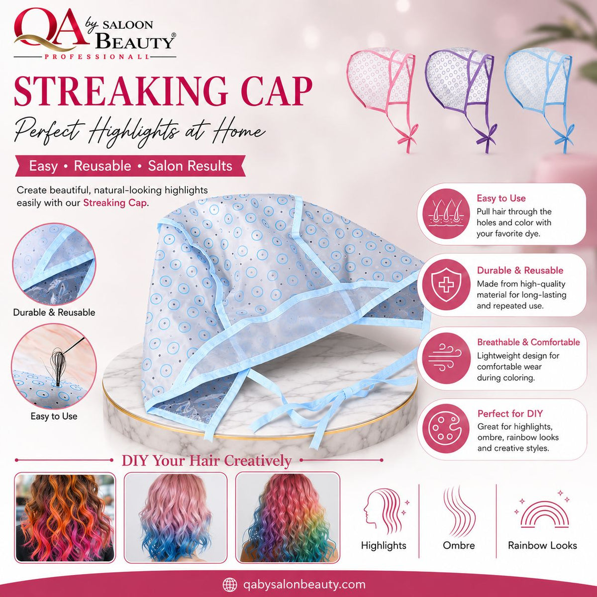 A promotional graphic for the Q&A Salon Beauty Professional Streaking Cap, showing the product wrapped in a blue patterned towel on a wooden stand, with feature callouts, before/after hair color examples, and branding text on a soft pink background.