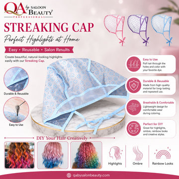 A promotional graphic for the Q&A Salon Beauty Professional Streaking Cap, showing the product wrapped in a blue patterned towel on a wooden stand, with feature callouts, before/after hair color examples, and branding text on a soft pink background.