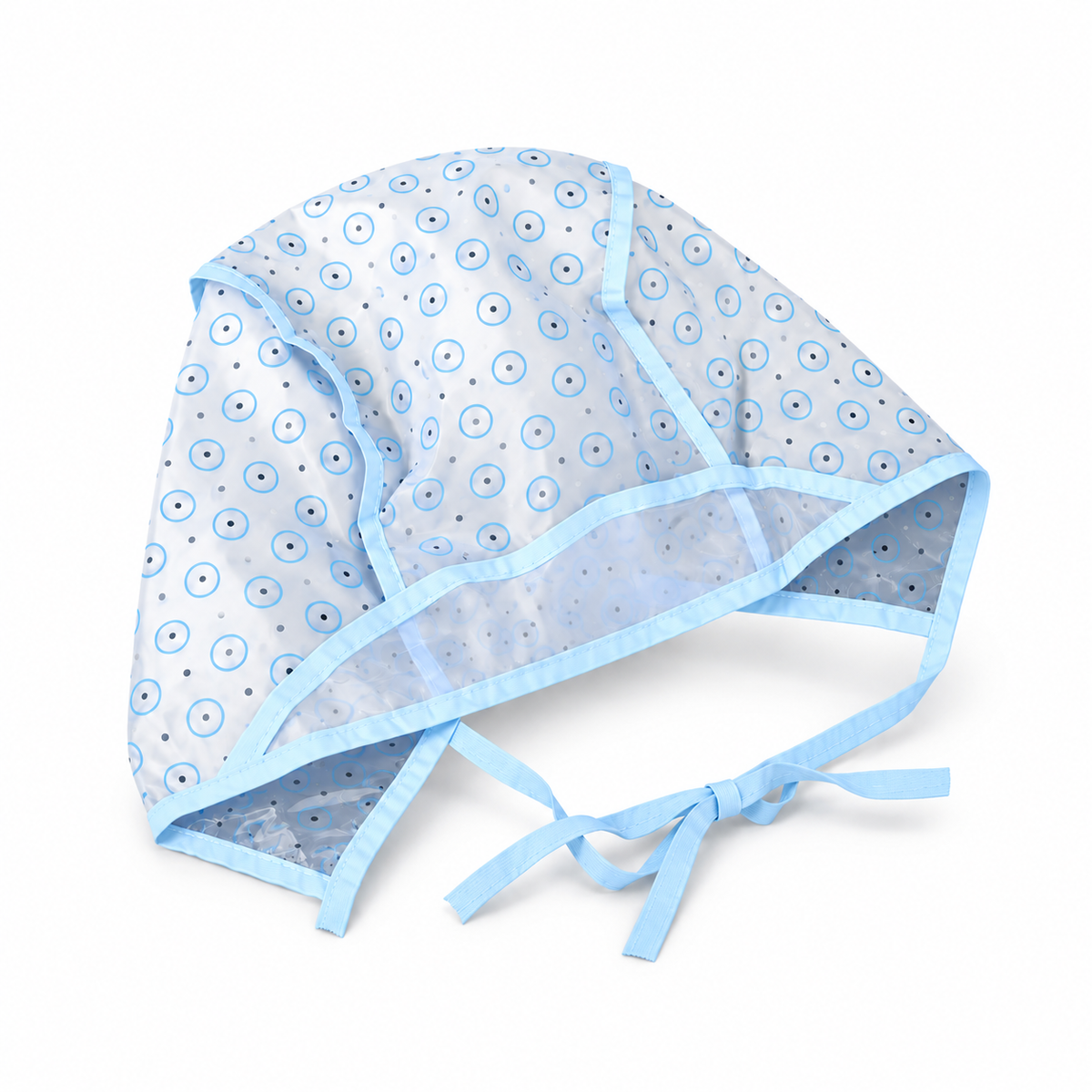 Reusable transparent hair streaking cap with blue trim and pre-marked holes for highlights and hair coloring