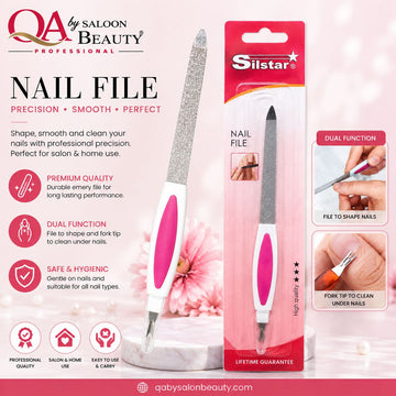 Silstar professional dual-function nail file with pink ergonomic handle and fork tip for under-nail cleaning