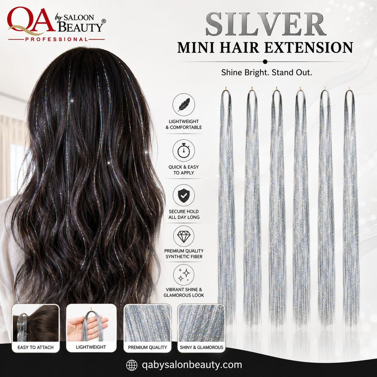 Silver mini hair extension strands shown next to a model's long, wavy dark hair demonstrating the application and styling effect. The image features product benefits icons, close-up inset images of the product being held, and a clean white background with branding for QA by Saloon Beauty.
