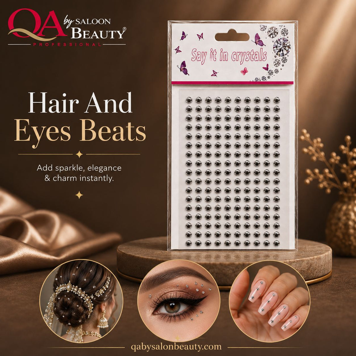 Pack of black rhinestone eye makeup beads by QA by Saloon Beauty, displayed on a wooden pedestal with promotional text and before/after style eye and nail application examples.