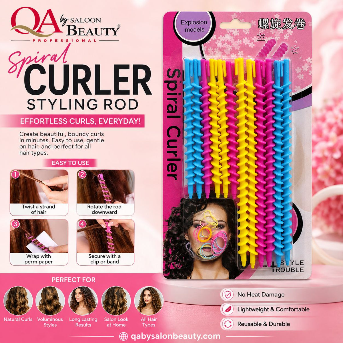Assorted colorful spiral hair curler styling rods for heatless curls and waves
