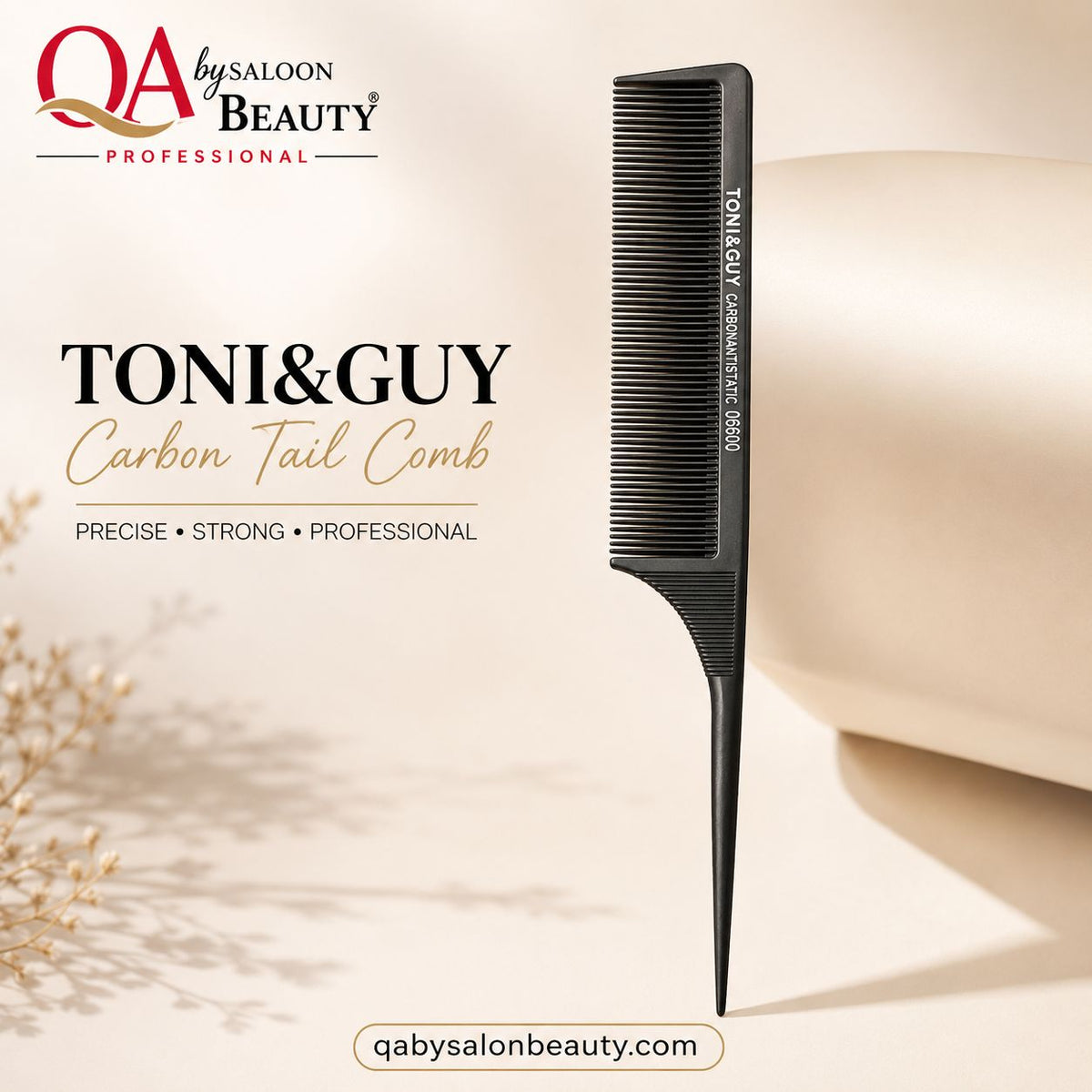 A black carbon tail comb from TONI&GUY by salon beauty is displayed vertically against a warm beige background with decorative dried flowers and soft shadows. The brand logo and product name are printed on the left side of the image.