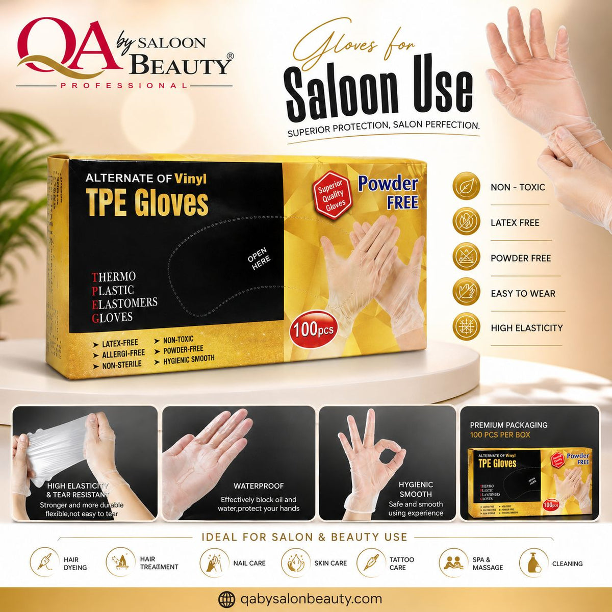 Box of 100 powder-free latex-free TPE disposable gloves for salon and beauty use