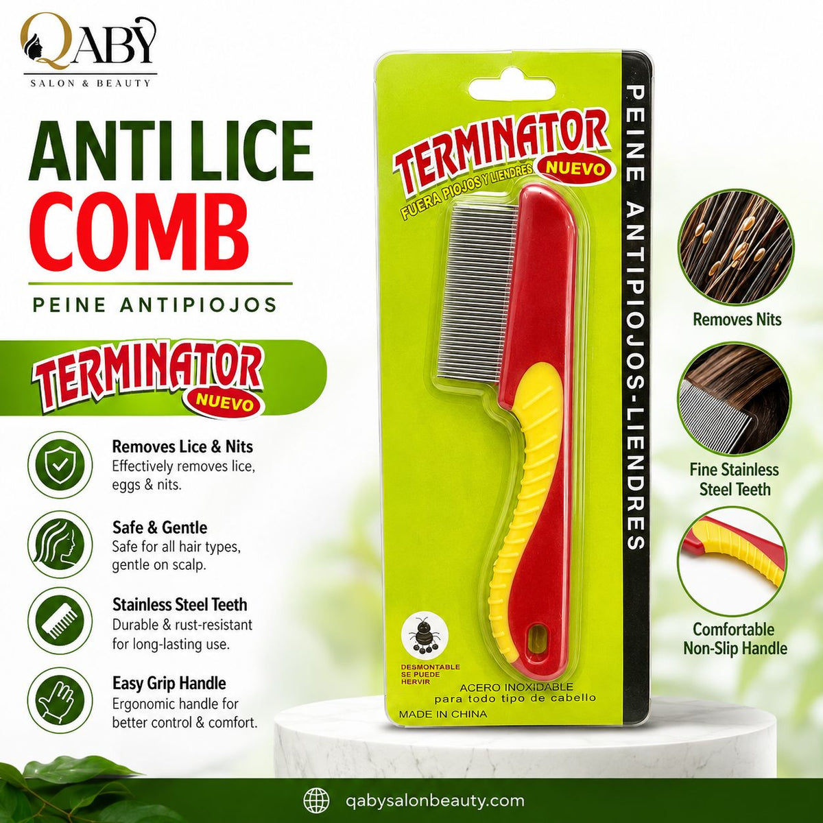 Terminator anti lice comb with fine stainless steel teeth and red yellow handle