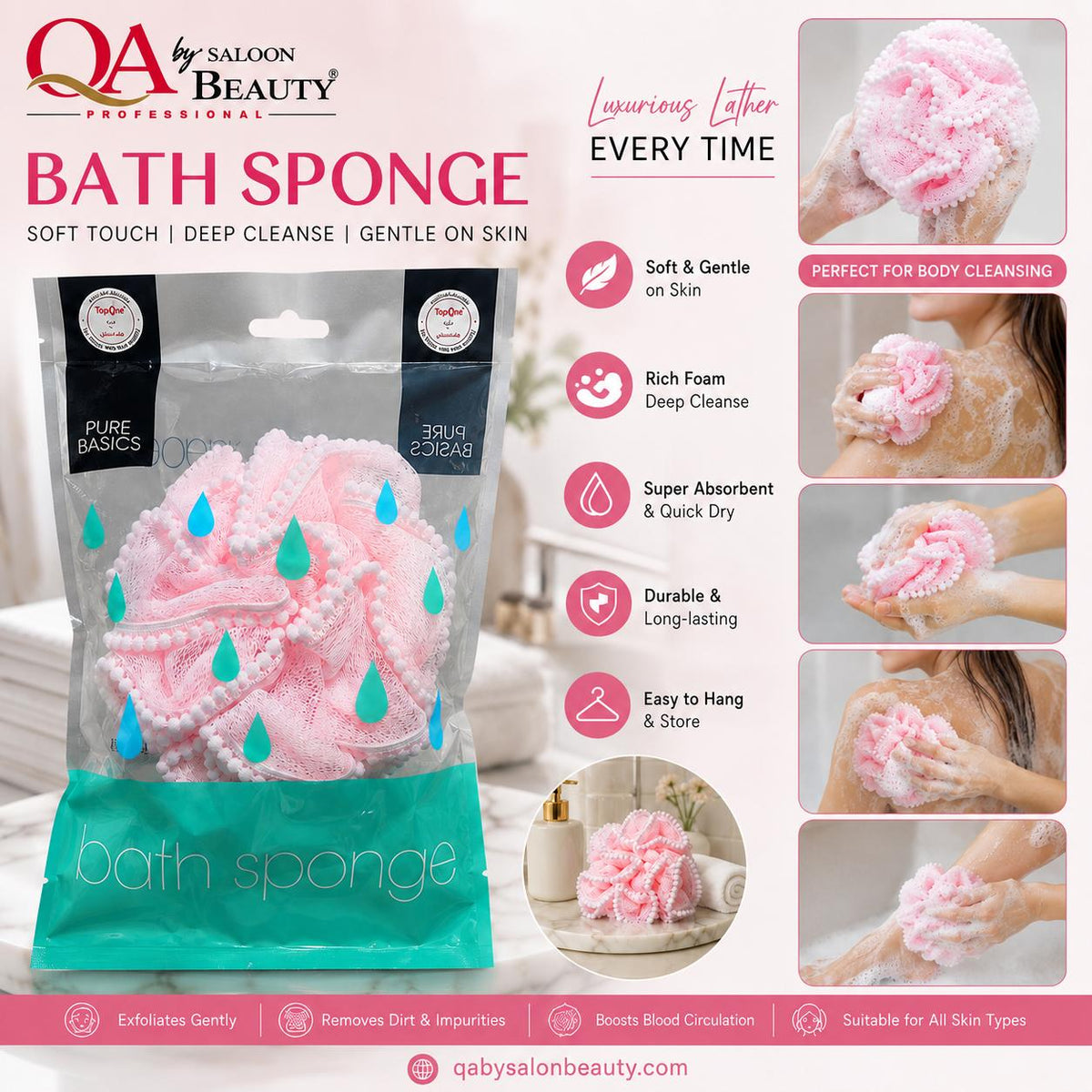 TopOne Pure Basics pink mesh bath sponge in clear packaging for body cleansing