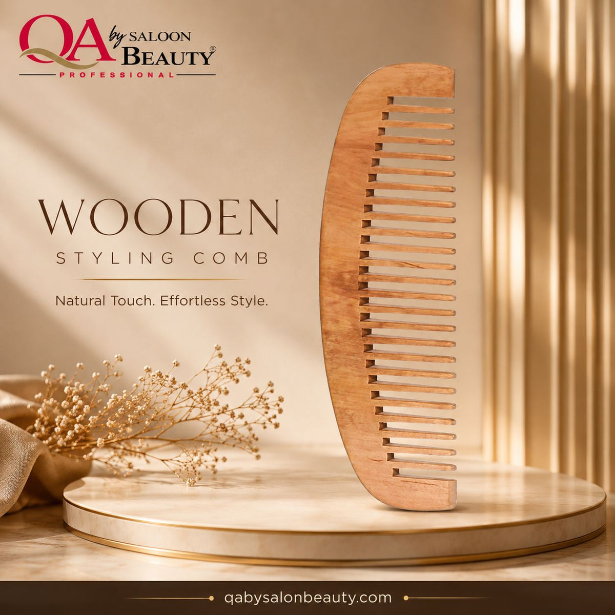 Natural wooden wide tooth styling comb for detangling and everyday hair care